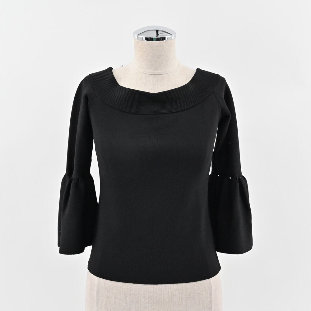 ELIZA J Top Womens Sz M Black Off The Shoulder Bell Sleeve Fold Over Neck Blouse